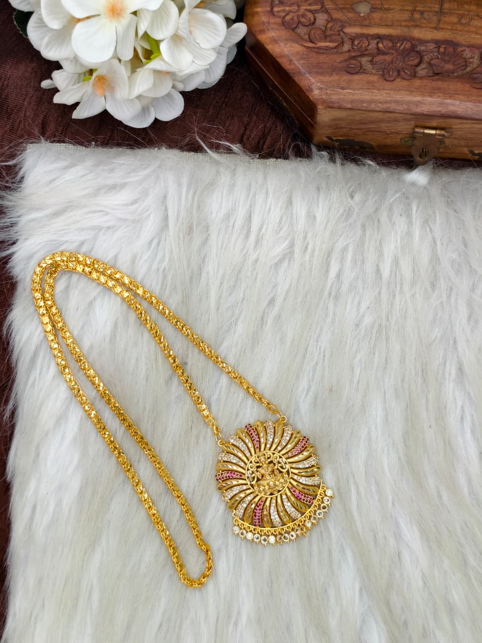 Women Impone Stone Dollar Chain with Gold Plated Finish