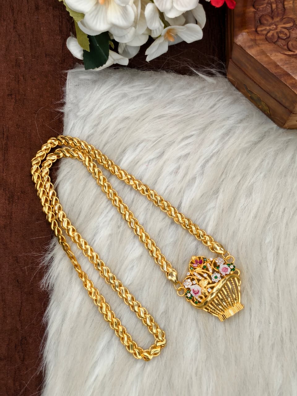 Elegant Basket Design Dollar Pendant – 1 Gram Gold Plated Lotus Chain Women Fashion Jewellery