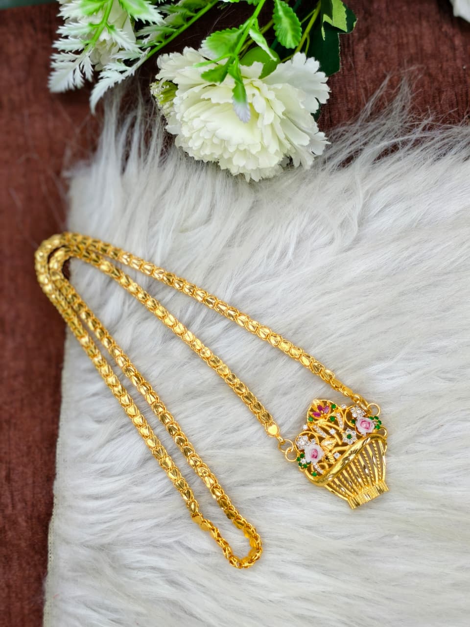 Elegant Basket Design Dollar Pendant – 1 Gram Gold Plated Heart Chain Women Fashion Jewellery