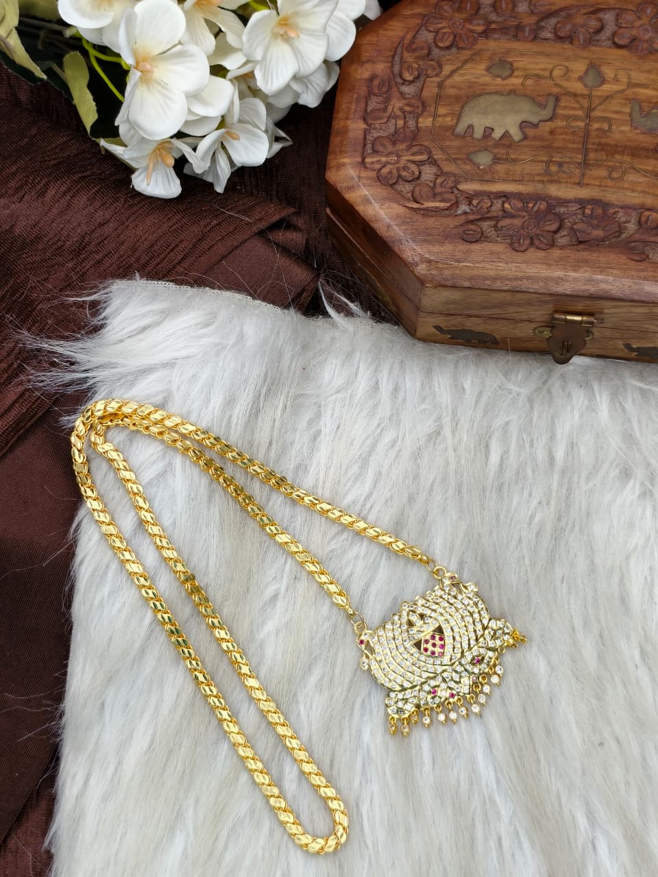 Women Impone Stone Dollar Chain with Gold Plated Finish