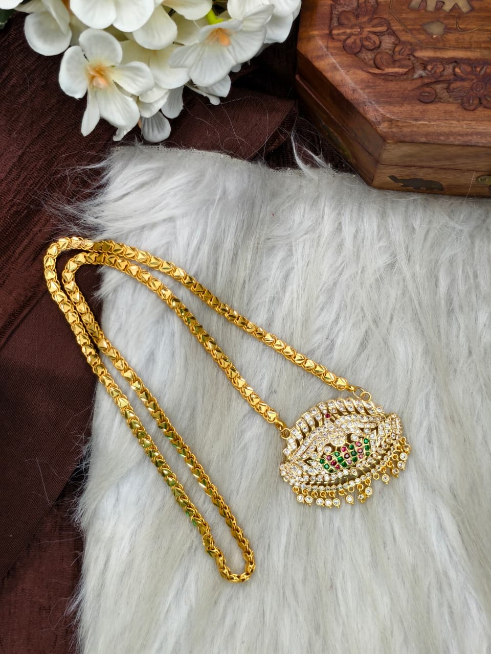 Women Impone Stone Dollar Chain with Gold Plated Finish