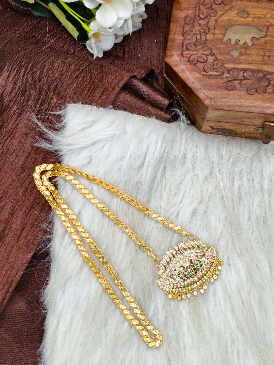 Women Impone Stone Dollar Chain with Gold Plated Finish