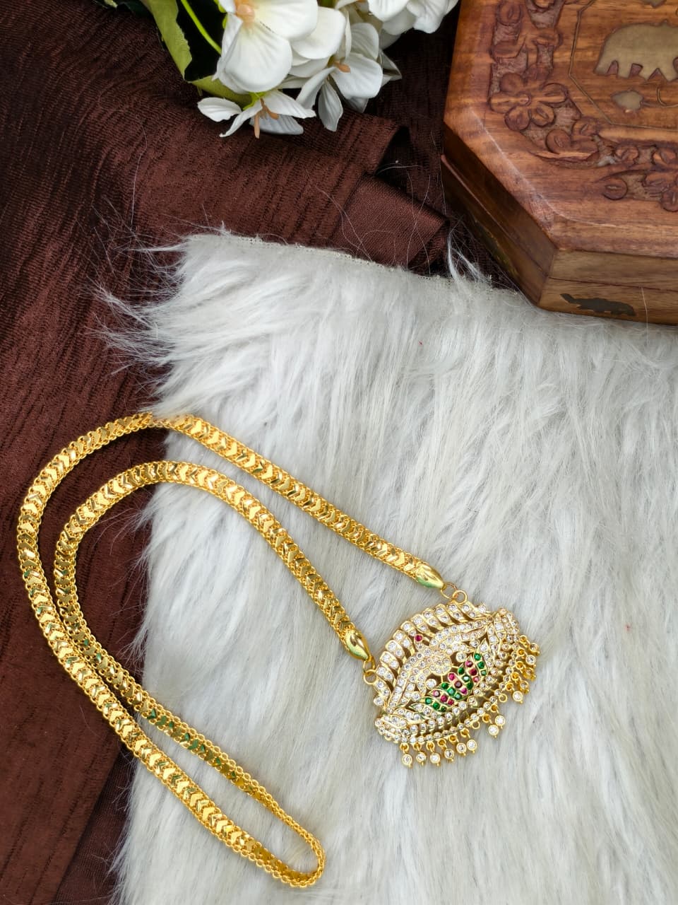 Women Impone Stone Dollar Chain with Gold Plated Finish