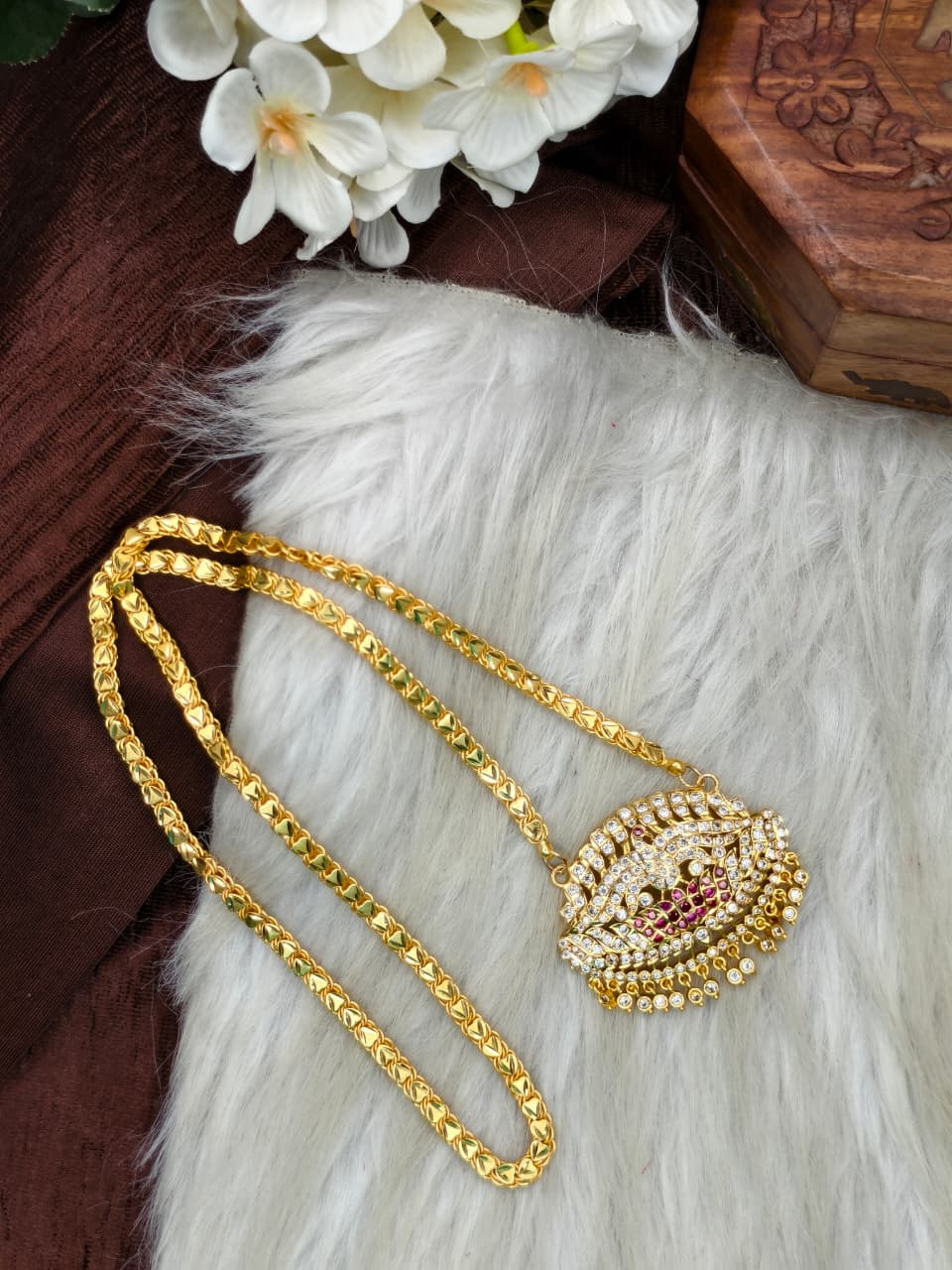 Women Impone Stone Dollar Chain with Gold Plated Finish