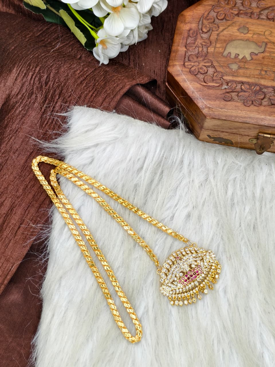 Women Impone Stone Dollar Chain with Gold Plated Finish