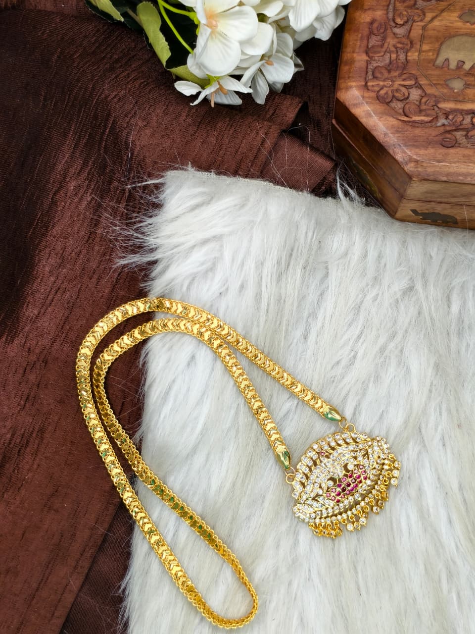 Women Impone Stone Dollar Chain with Gold Plated Finish