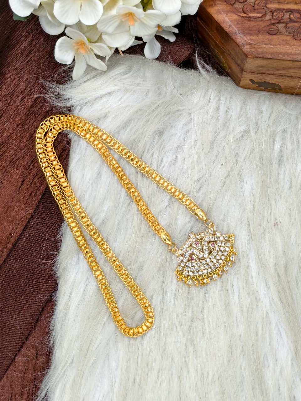 Women Impone Stone Dollar Chain with Gold Plated Finish