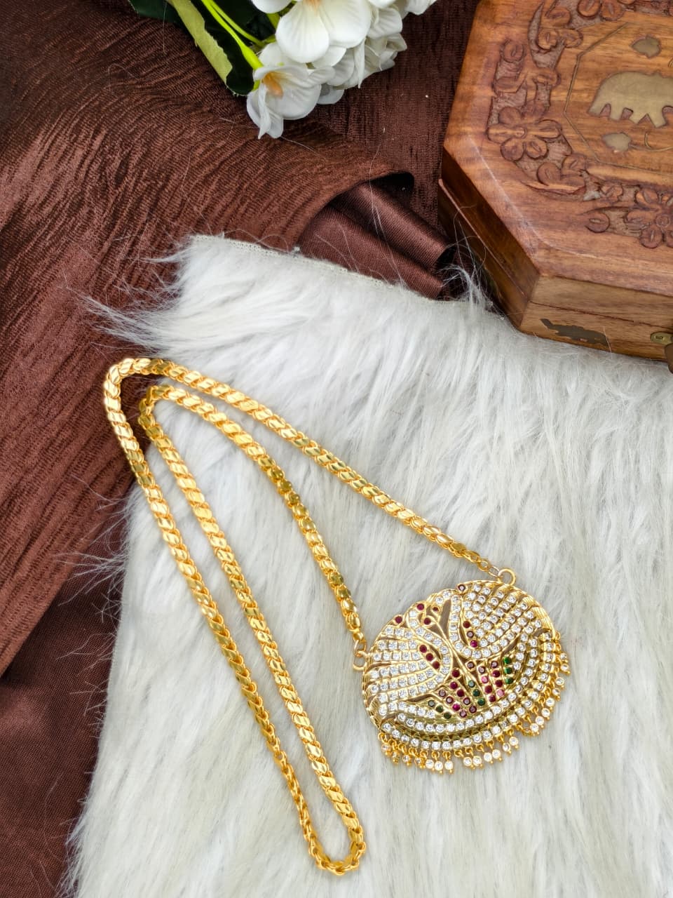 Women Impone Stone Dollar Chain with Gold Plated Finish