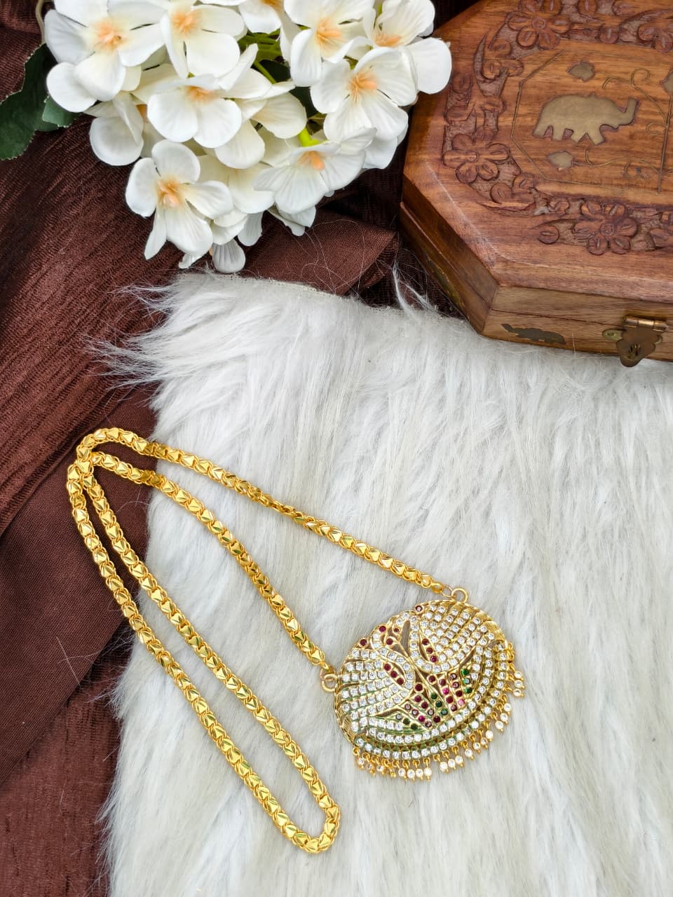 Women Impone Stone Dollar Chain with Gold Plated Finish