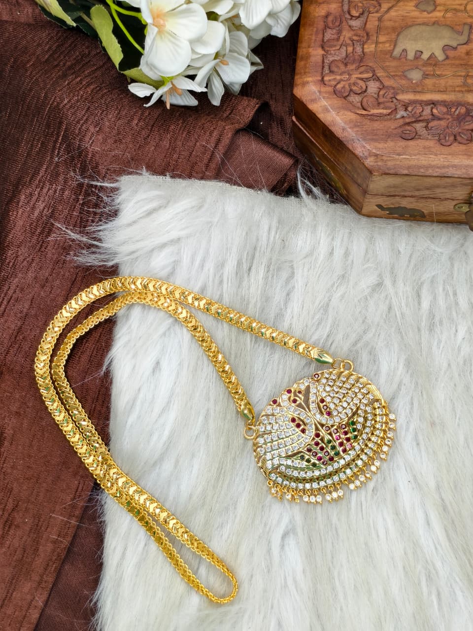 Women Impone Stone Dollar Chain with Gold Plated Finish