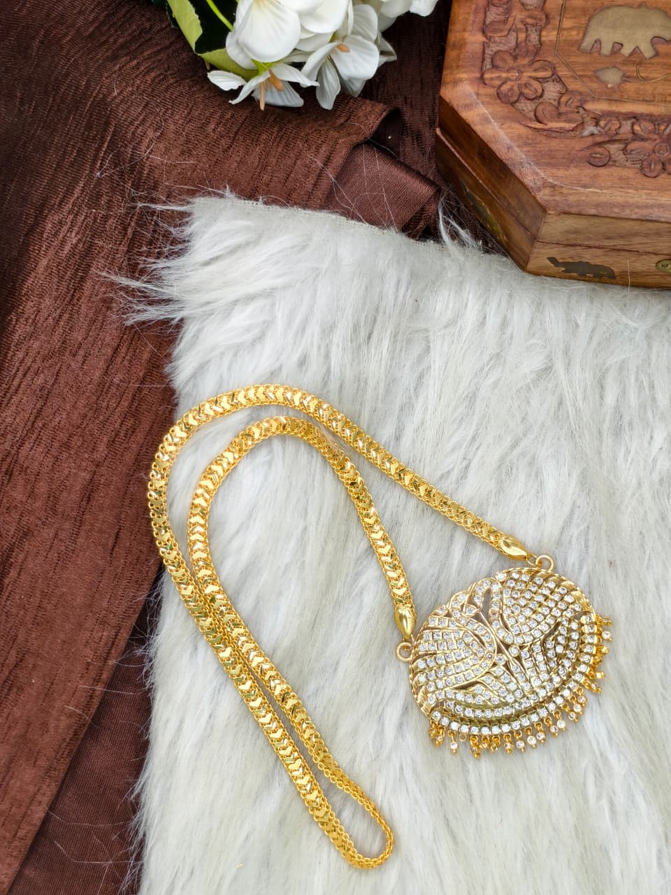 Women Impone Stone Dollar Chain with Gold Plated Finish