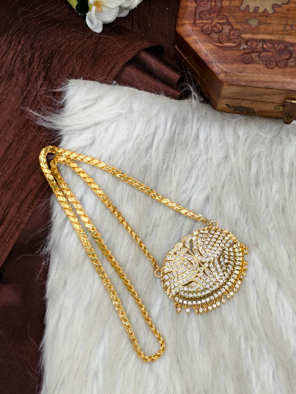 Women Impone Stone Dollar Chain with Gold Plated Finish