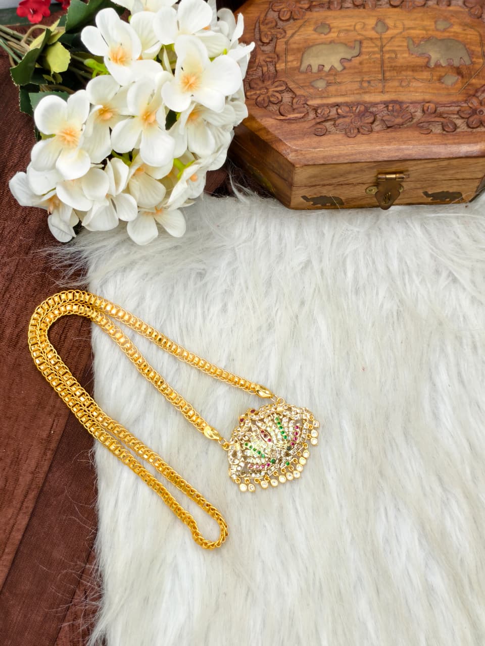 Women Impone Stone Dollar Chain with Gold Plated Finish