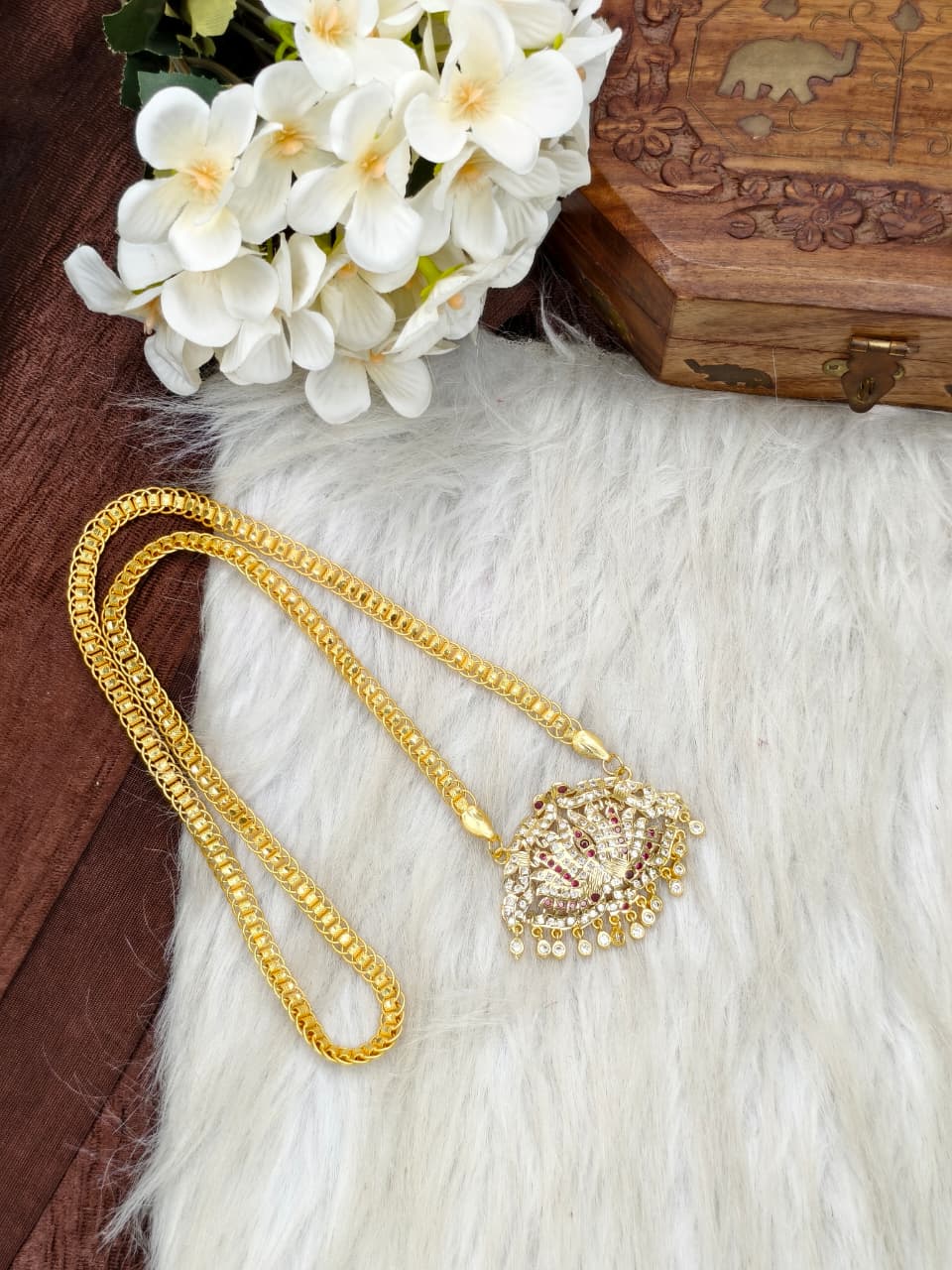 Women Impone Stone Dollar Chain with Gold Plated Finish