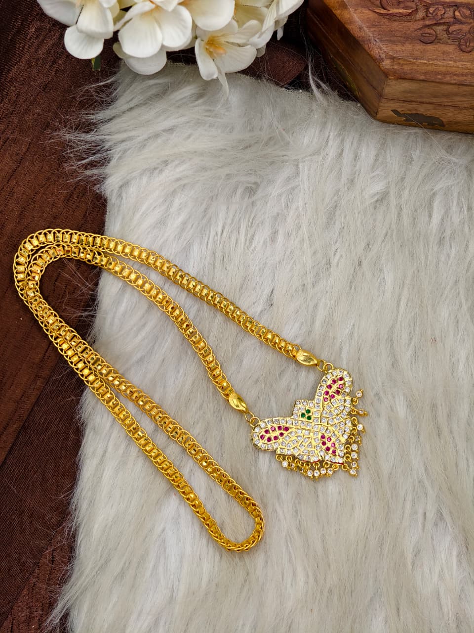 Women Impone Stone Dollar Chain with Gold Plated Finish