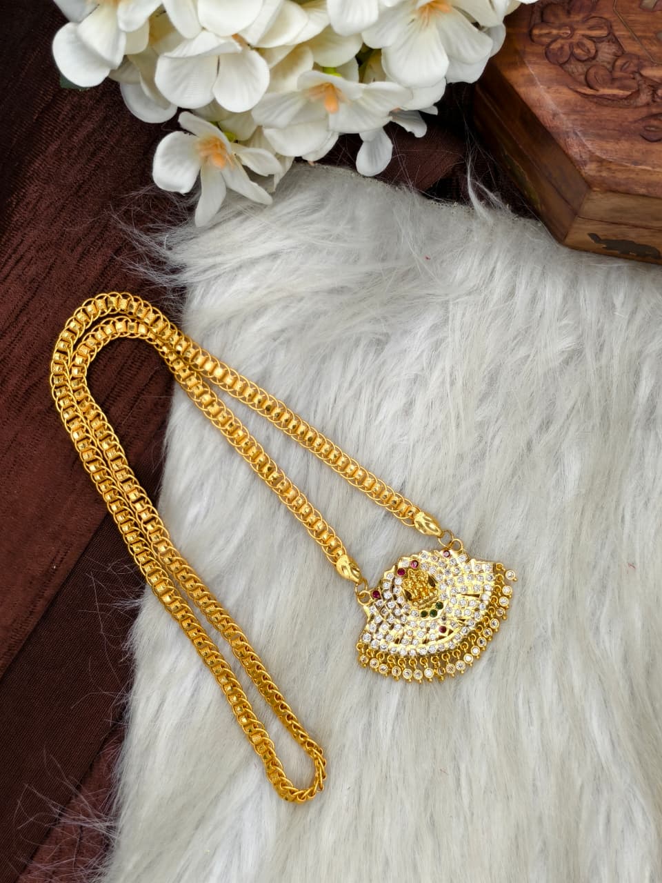 Women Impone Stone Dollar Chain with Gold Plated Finish