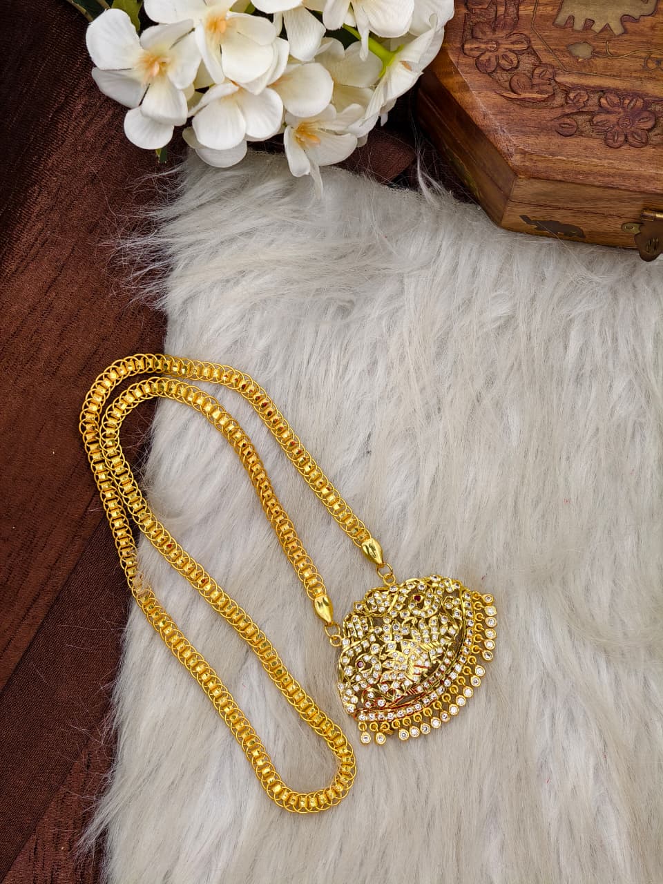 Women Impone Stone Dollar Chain with Gold Plated Finish