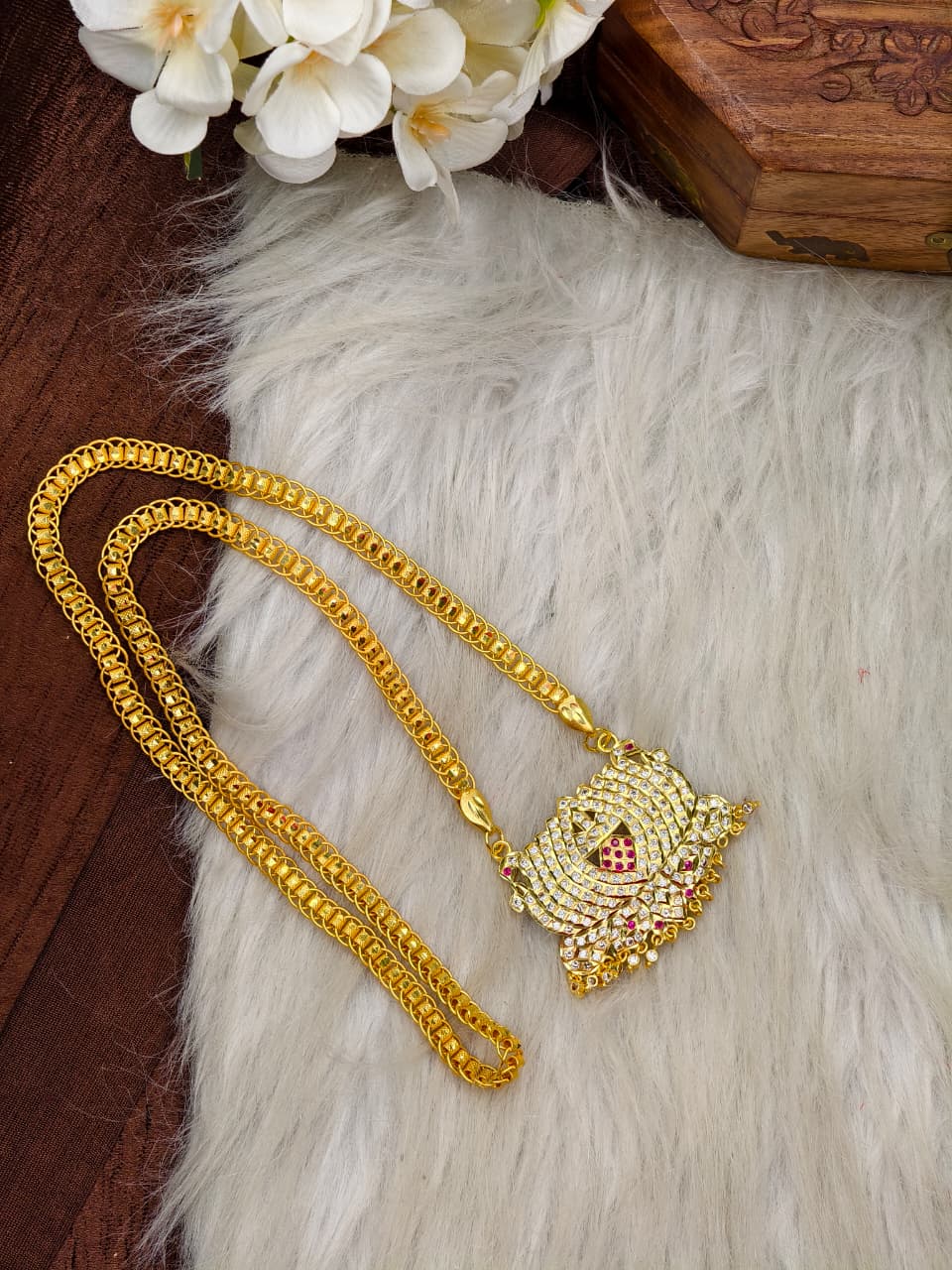 Women Impone Stone Dollar Chain with Gold Plated Finish