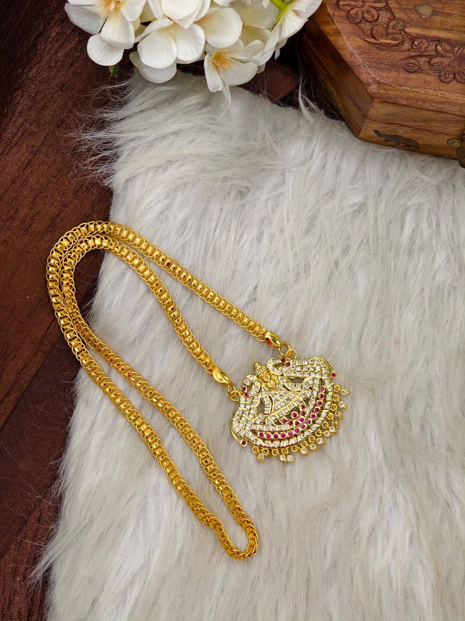 Women Impone Stone Dollar Chain with Gold Plated Finish