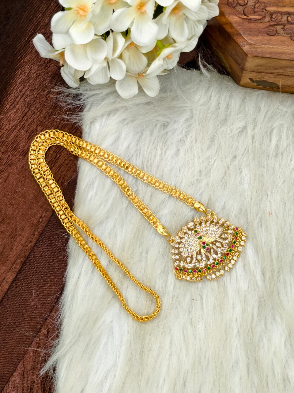 Women Impone Stone Dollar Chain with Gold Plated Finish