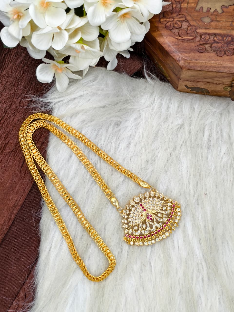 Women Impone Stone Dollar Chain with Gold Plated Finish