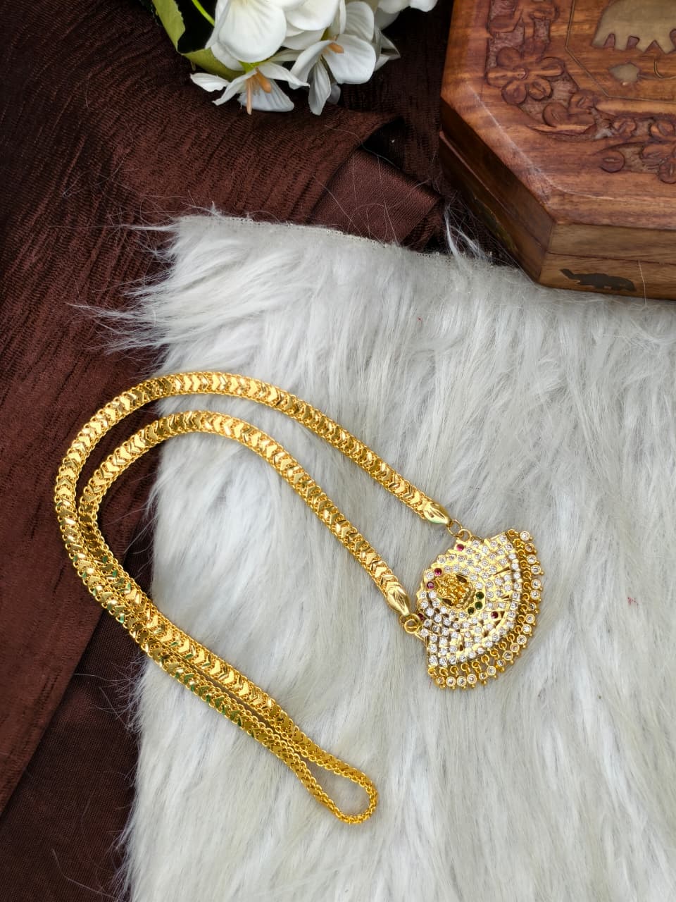 Women Impone Stone Dollar Chain with Gold Plated Finish