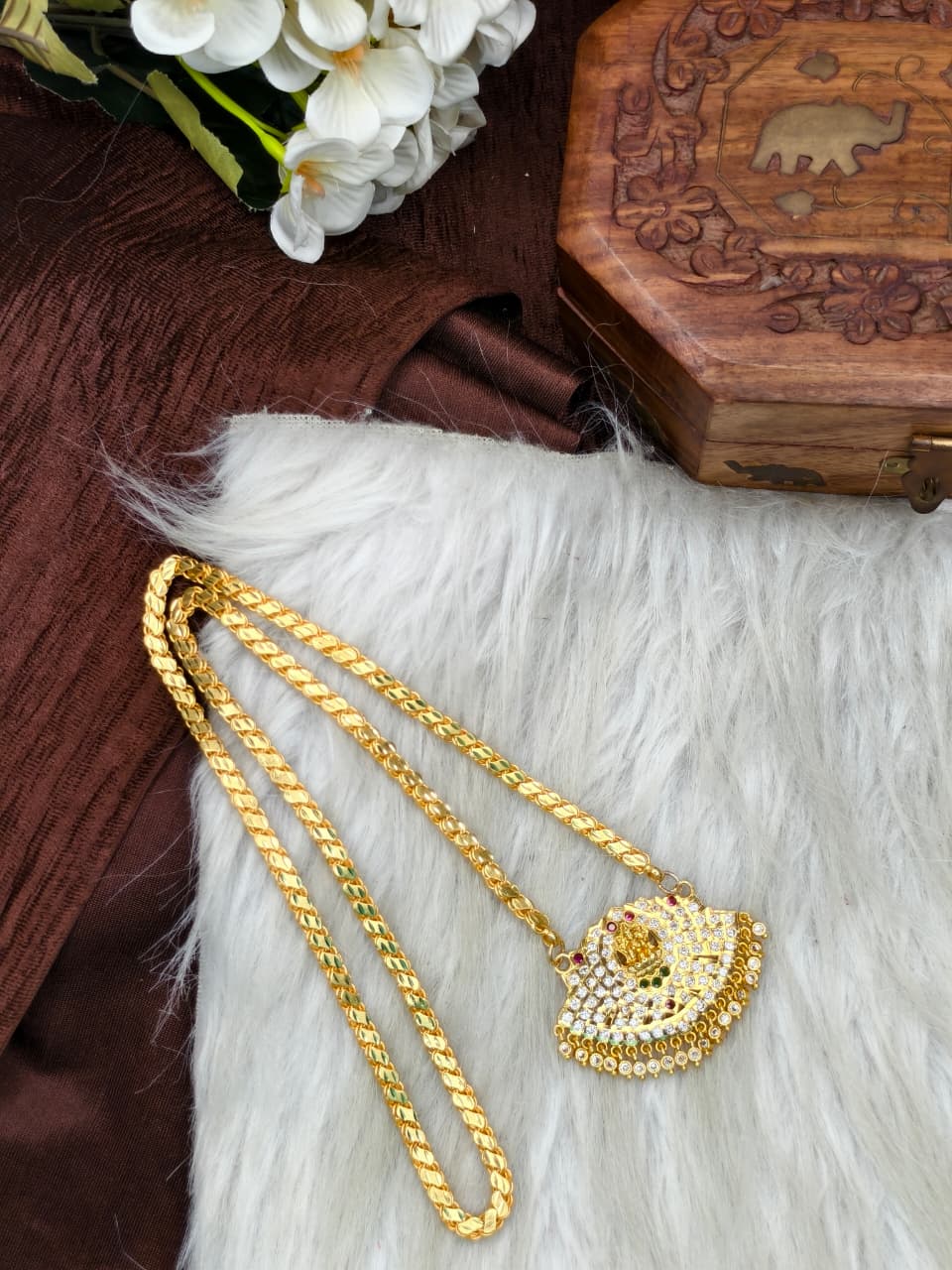 Women Impone Stone Dollar Chain with Gold Plated Finish