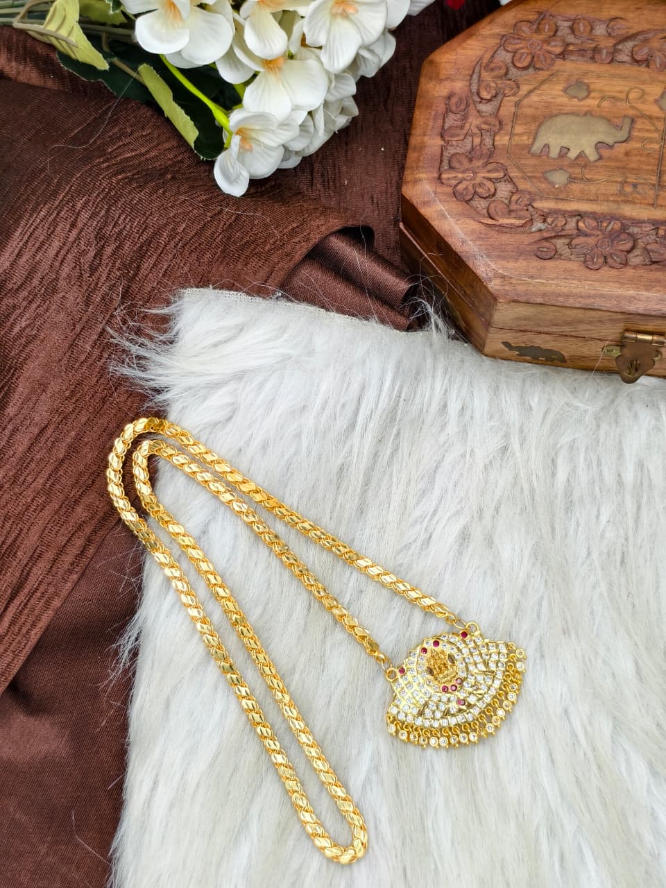 Women Impone Stone Dollar Chain with Gold Plated Finish