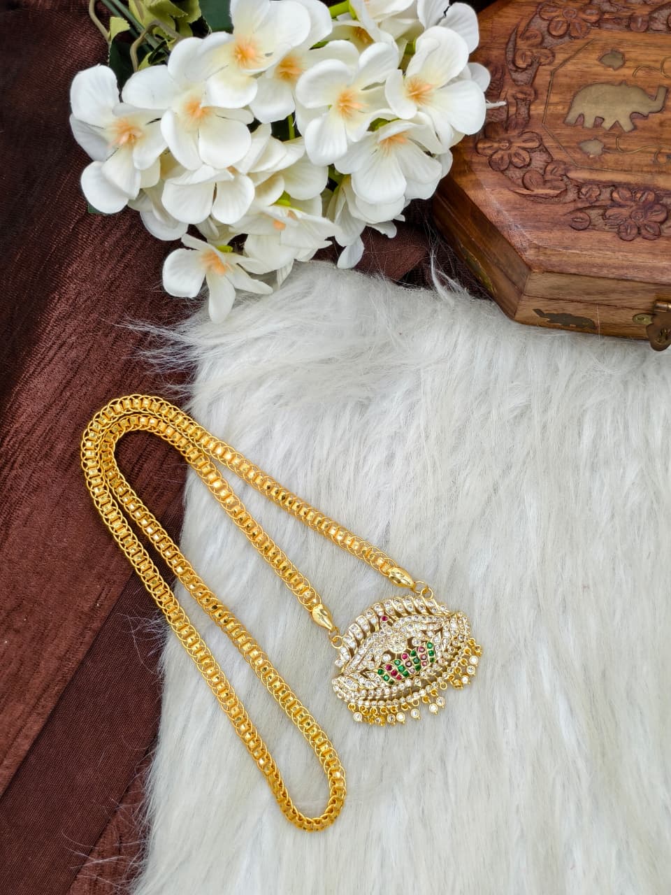 Women Impone Stone Dollar Chain with Gold Plated Finish