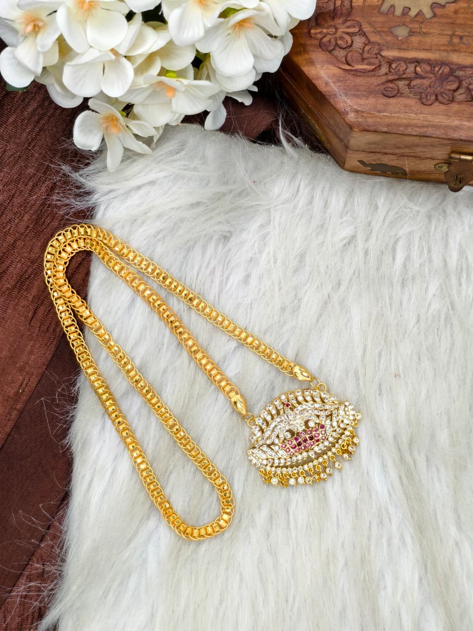 Women Impone Stone Dollar Chain with Gold Plated Finish