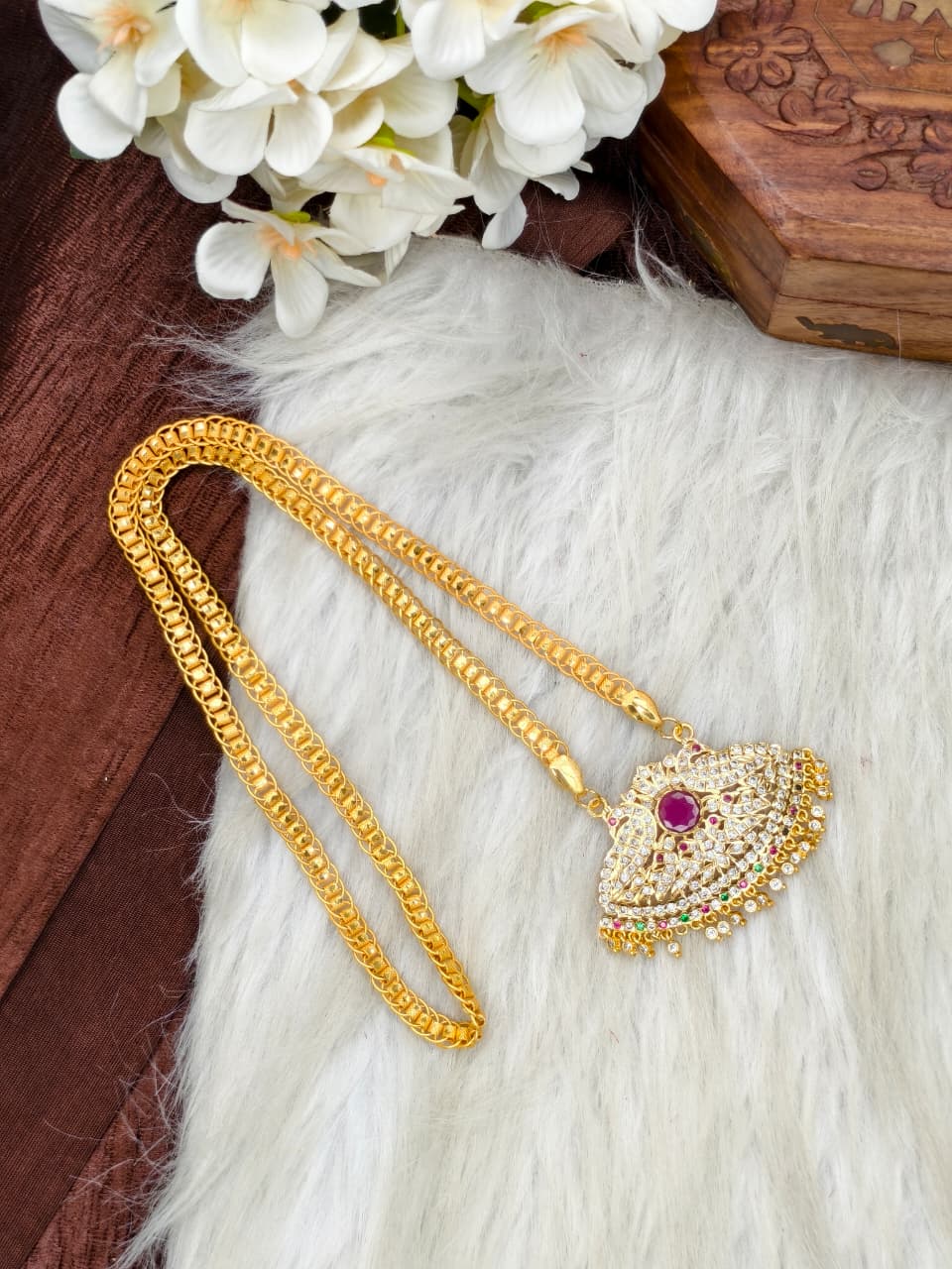 Women Impone Stone Dollar Chain with Gold Plated Finish