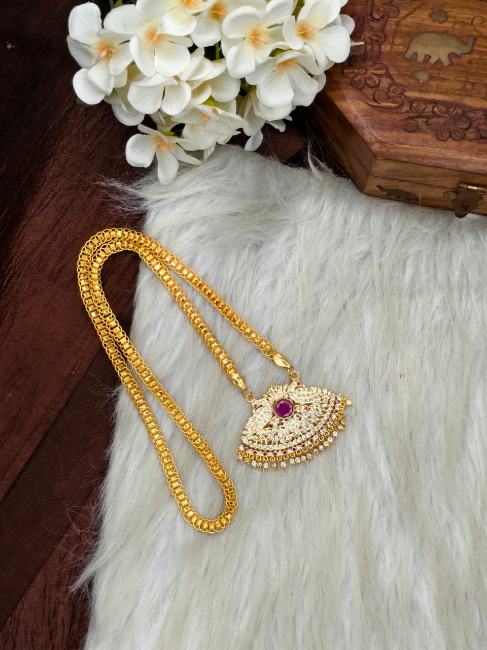 Women Impone Stone Dollar Chain with Gold Plated Finish