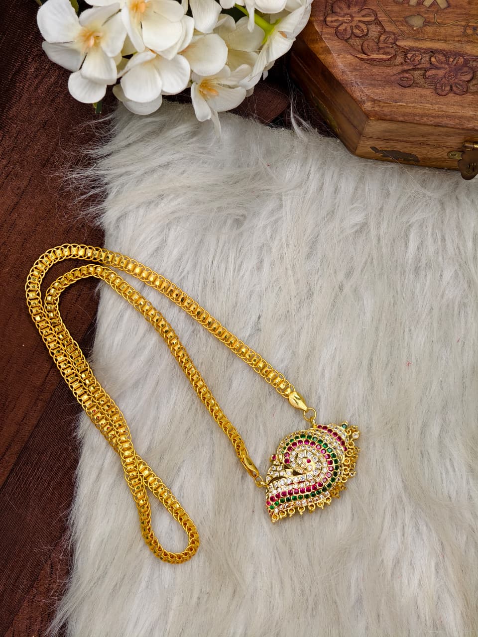 Women Impone Stone Dollar Chain with Gold Plated Finish
