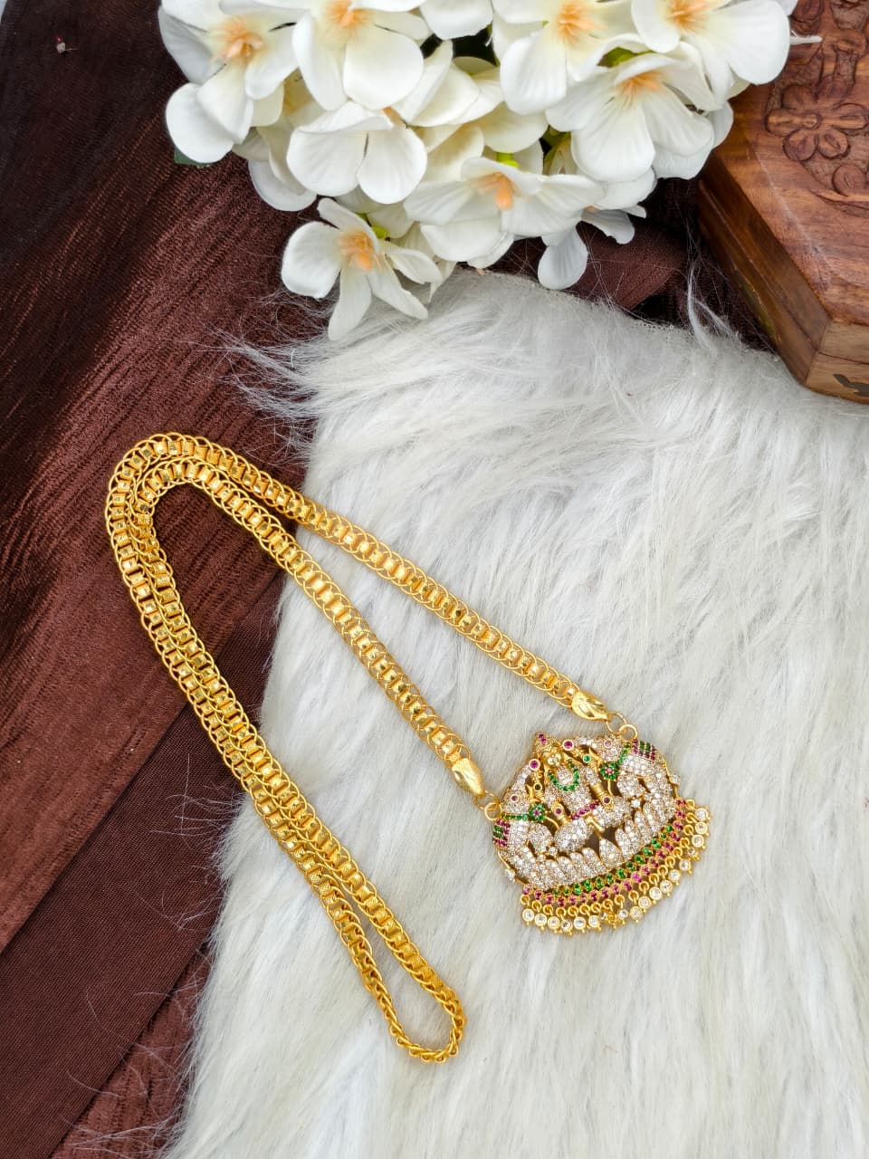 Women Impone Stone Dollar Chain with Gold Plated Finish