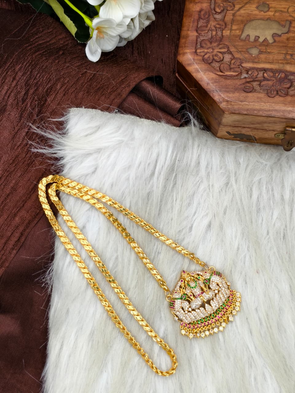 Women Impone Stone Dollar Chain with Gold Plated Finish
