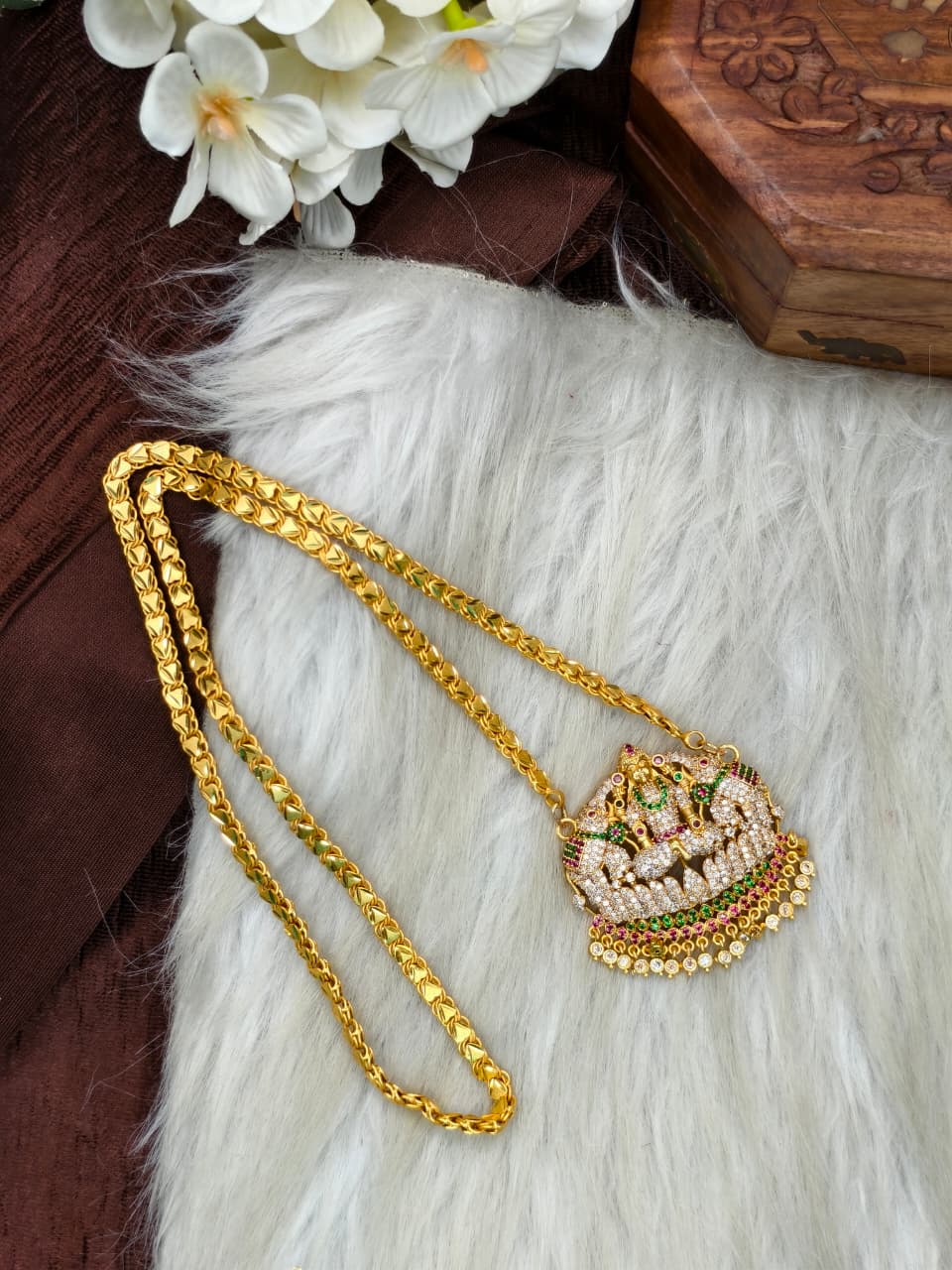 Women Impone Stone Dollar Chain with Gold Plated Finish