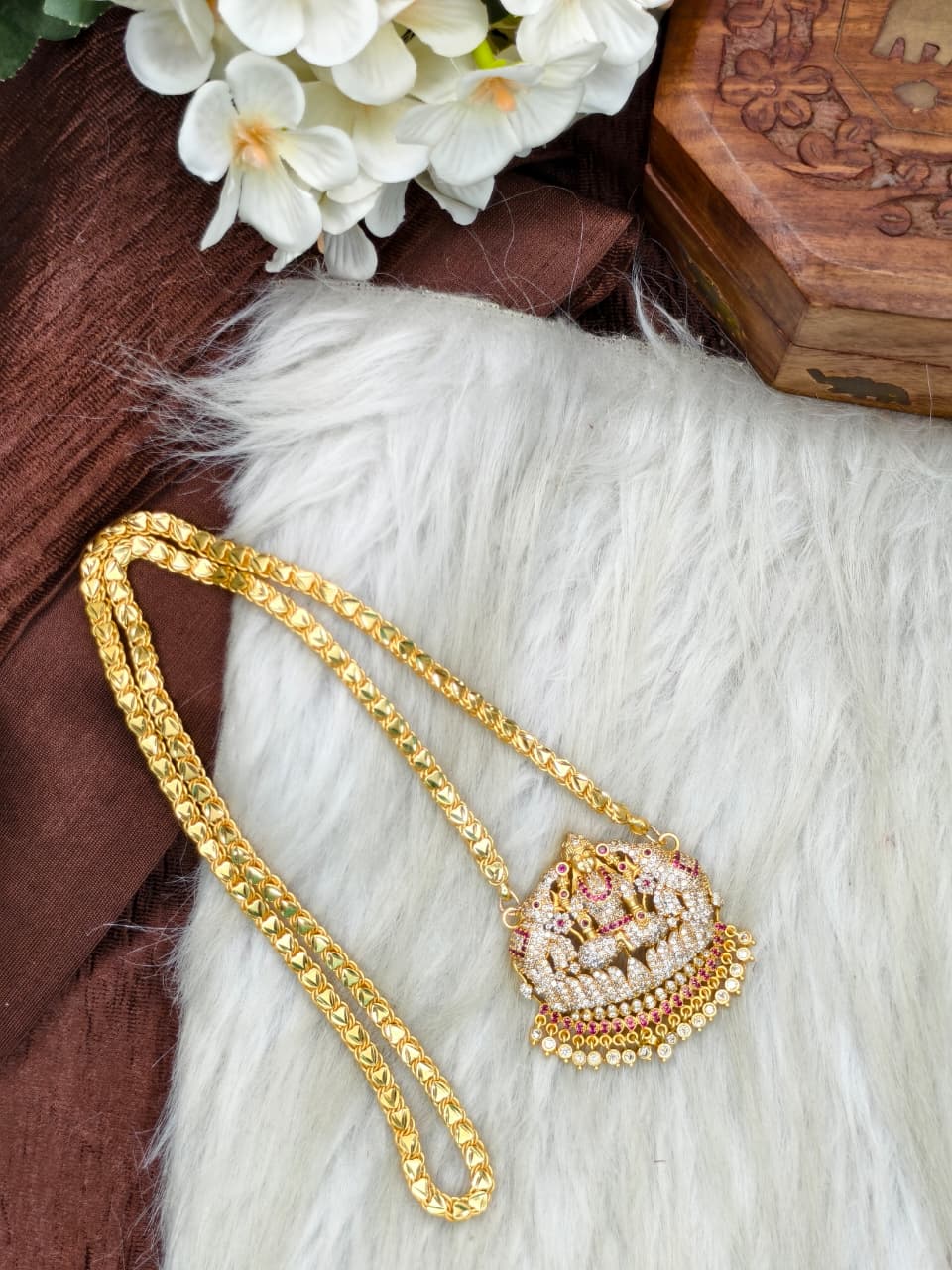 Women Impone Stone Dollar Chain with Gold Plated Finish