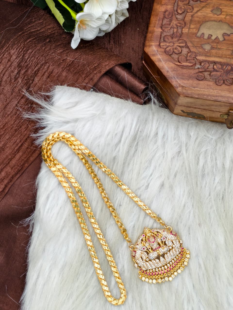 Women Impone Stone Dollar Chain with Gold Plated Finish