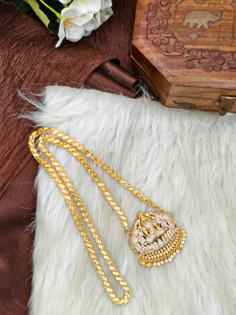 Women Impone Stone Dollar Chain with Gold Plated Finish