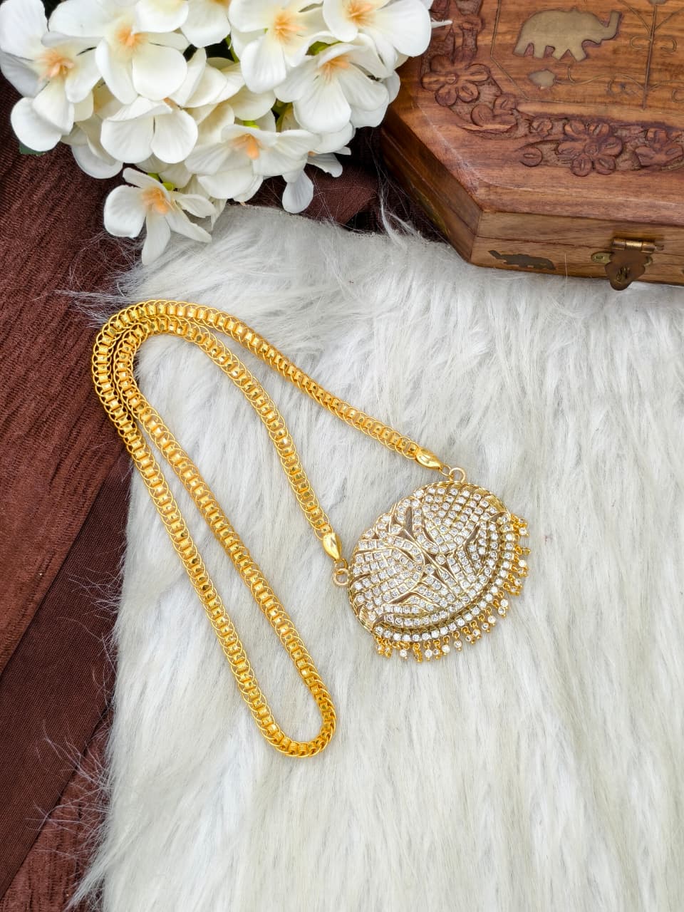 Women Impone Stone Dollar Chain with Gold Plated Finish