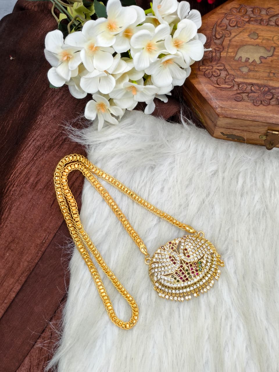 Women Impone Stone Dollar Chain with Gold Plated Finish