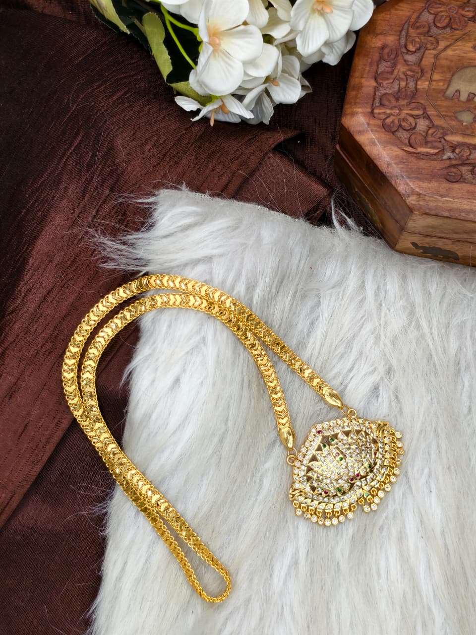 Women Impone Stone Dollar Chain with Gold Plated Finish