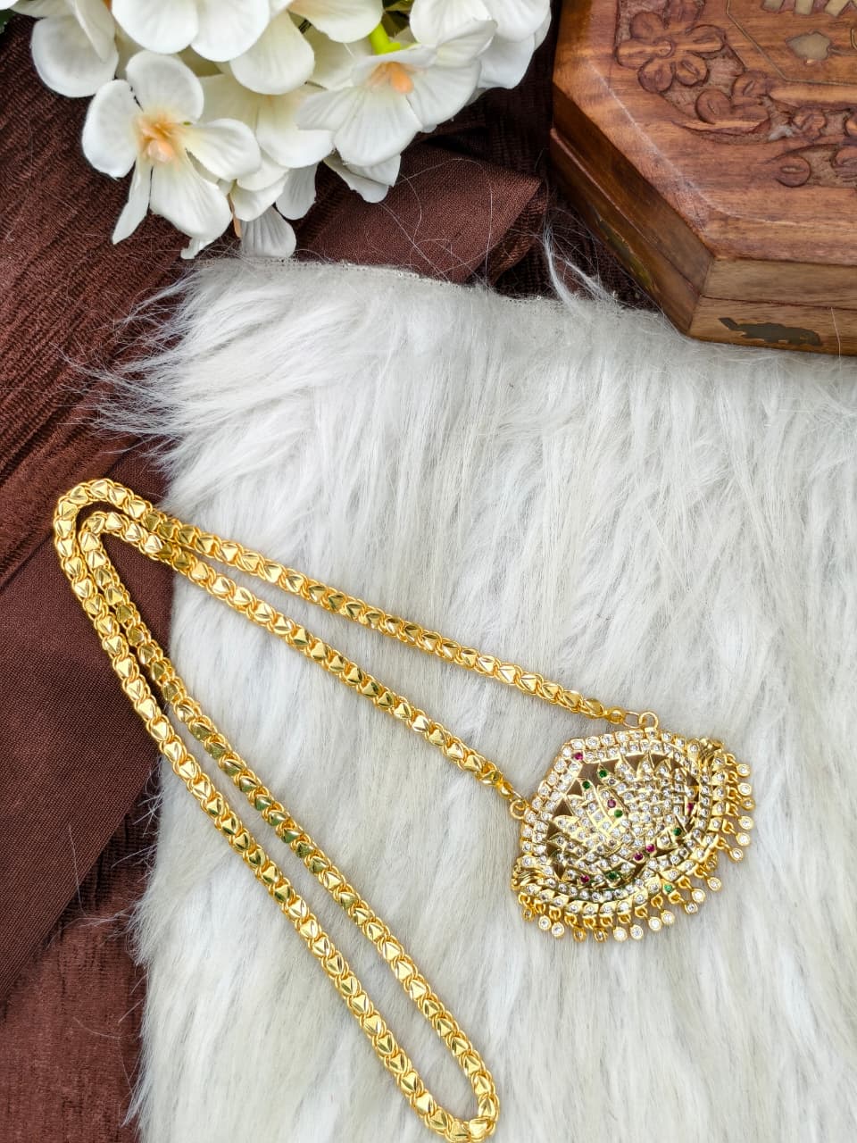 Women Impone Stone Dollar Chain with Gold Plated Finish