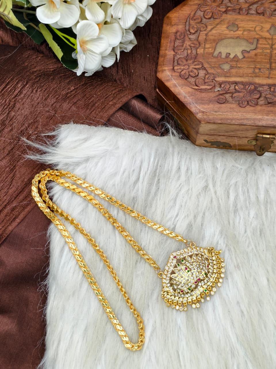 Women Impone Stone Dollar Chain with Gold Plated Finish