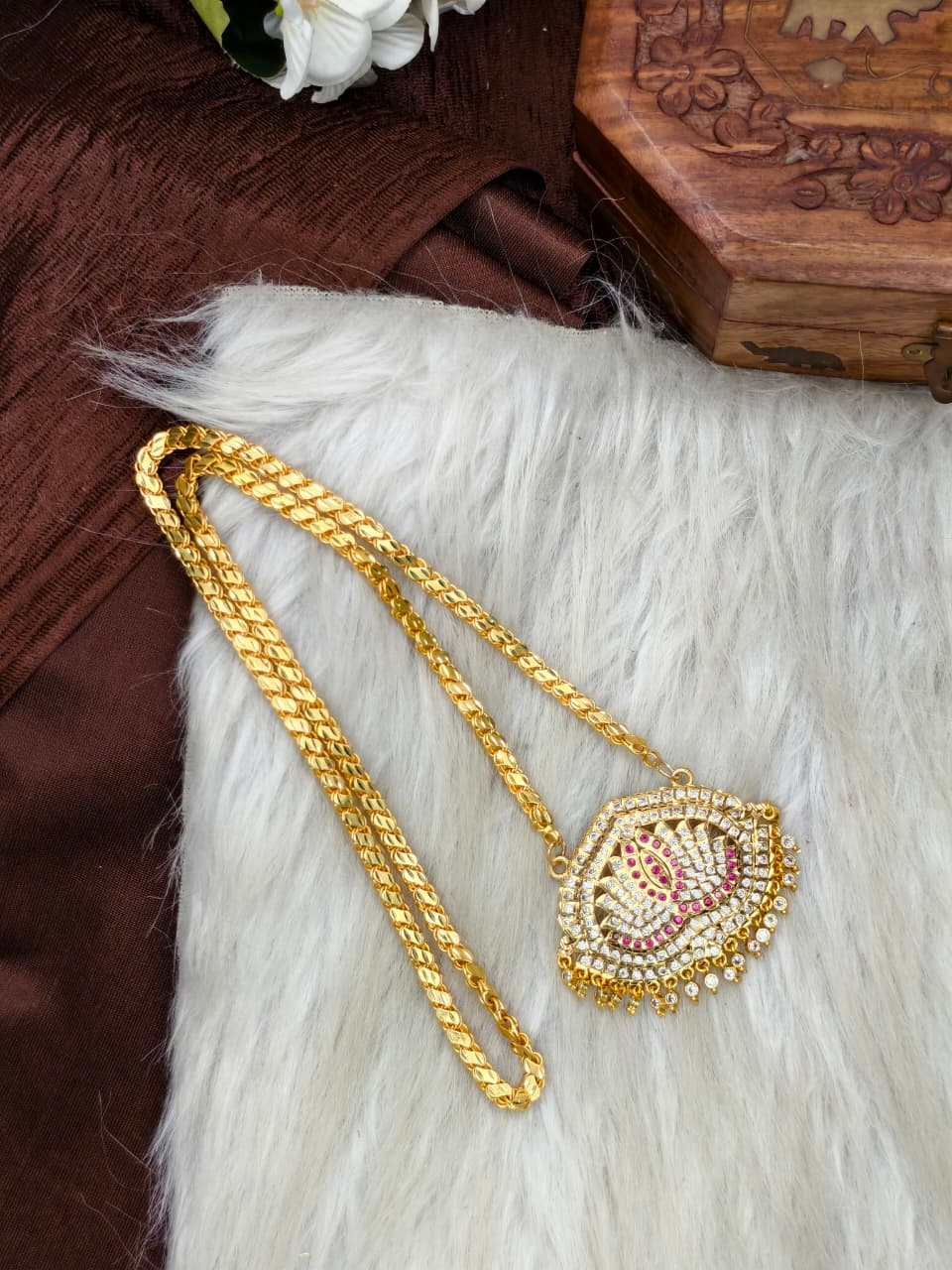 Women Impone Stone Dollar Chain with Gold Plated Finish