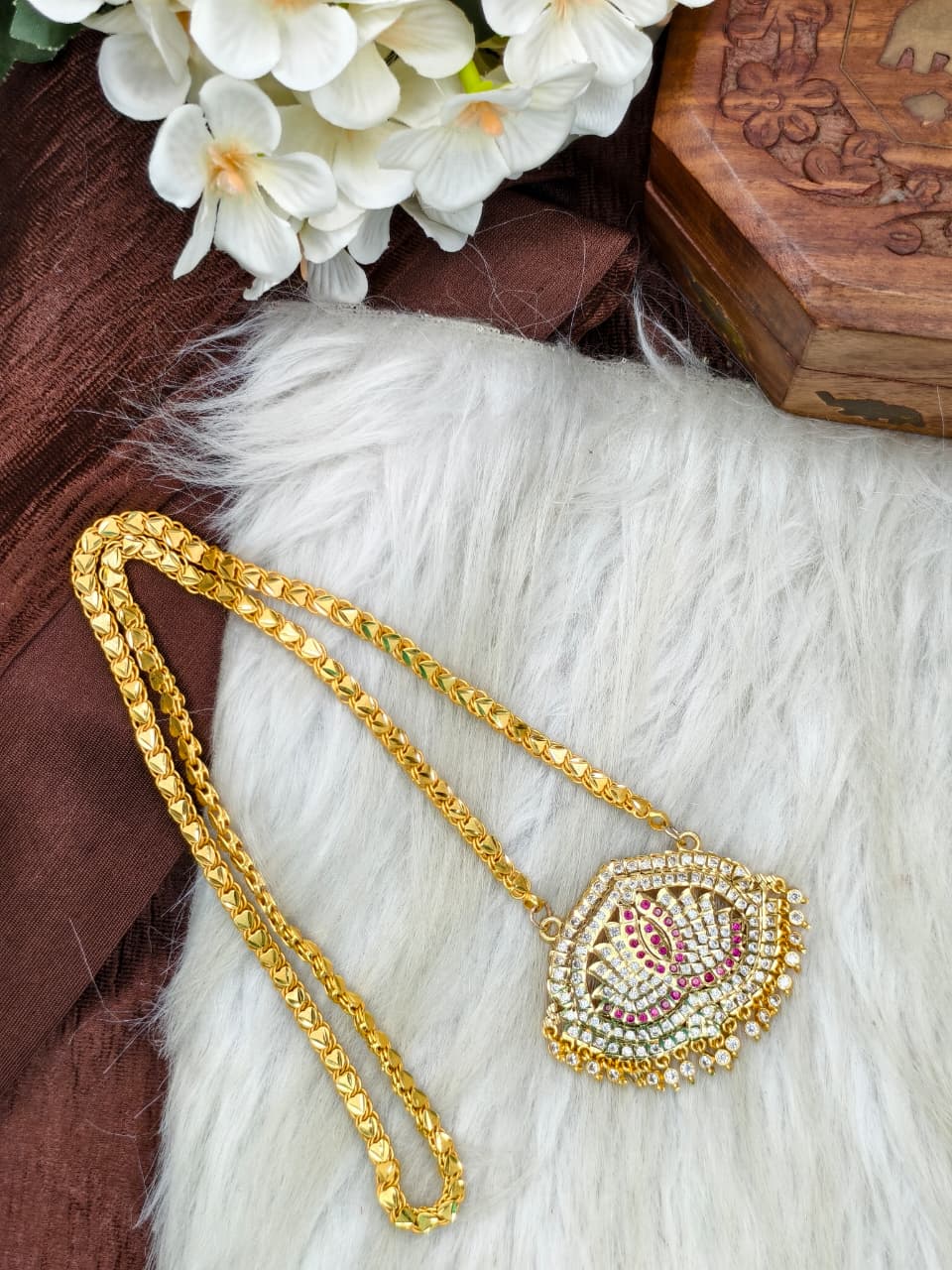 Women Impone Stone Dollar Chain with Gold Plated Finish