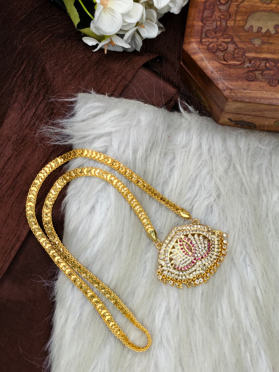 Women Impone Stone Dollar Chain with Gold Plated Finish