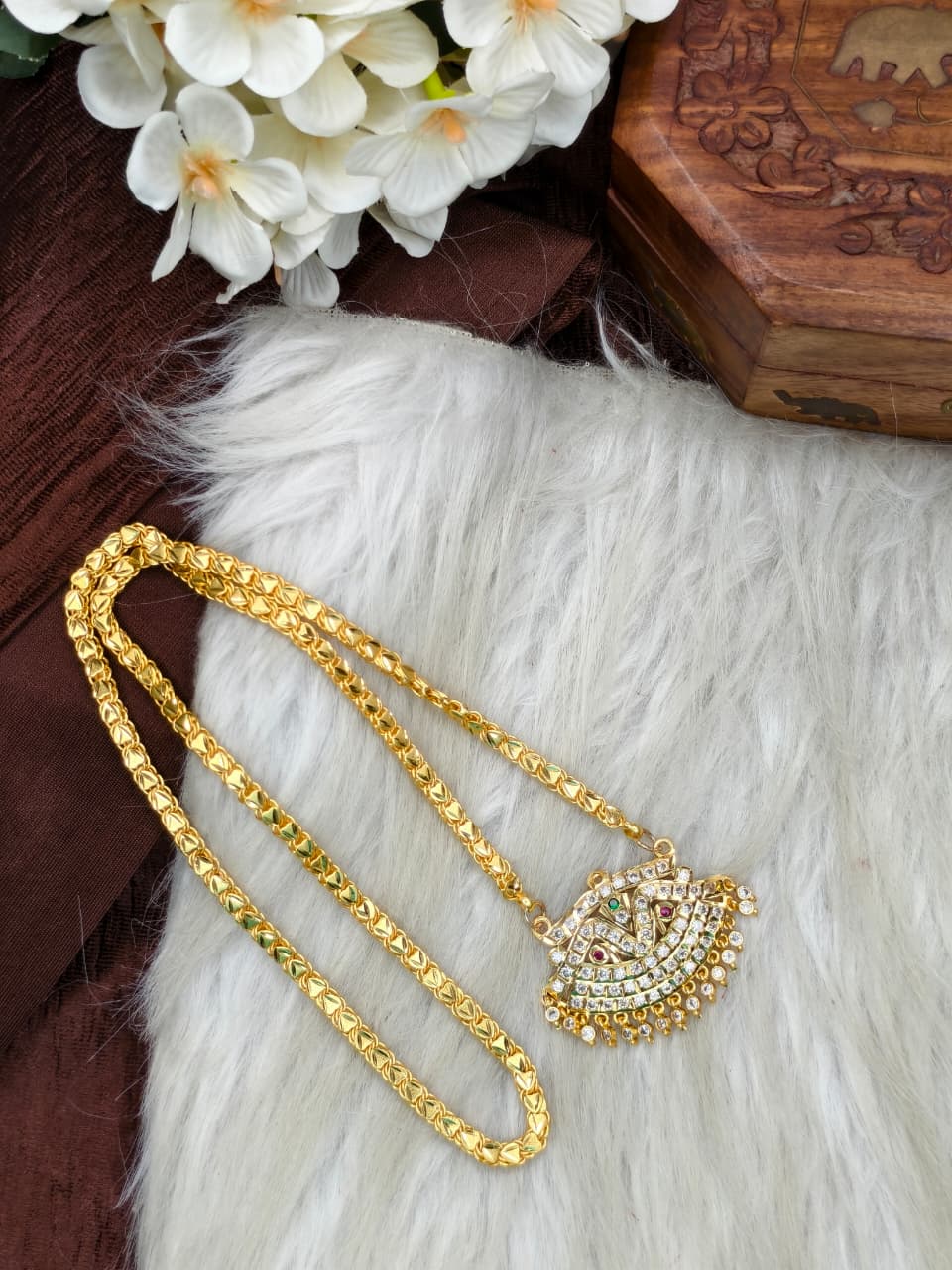 Women Impone Stone Dollar Chain with Gold Plated Finish
