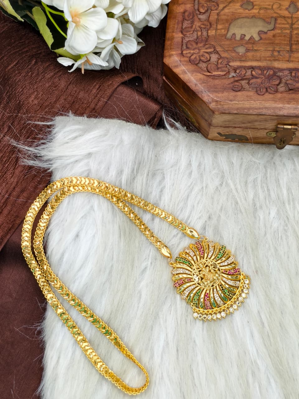 Women Impone Stone Dollar Chain with Gold Plated Finish