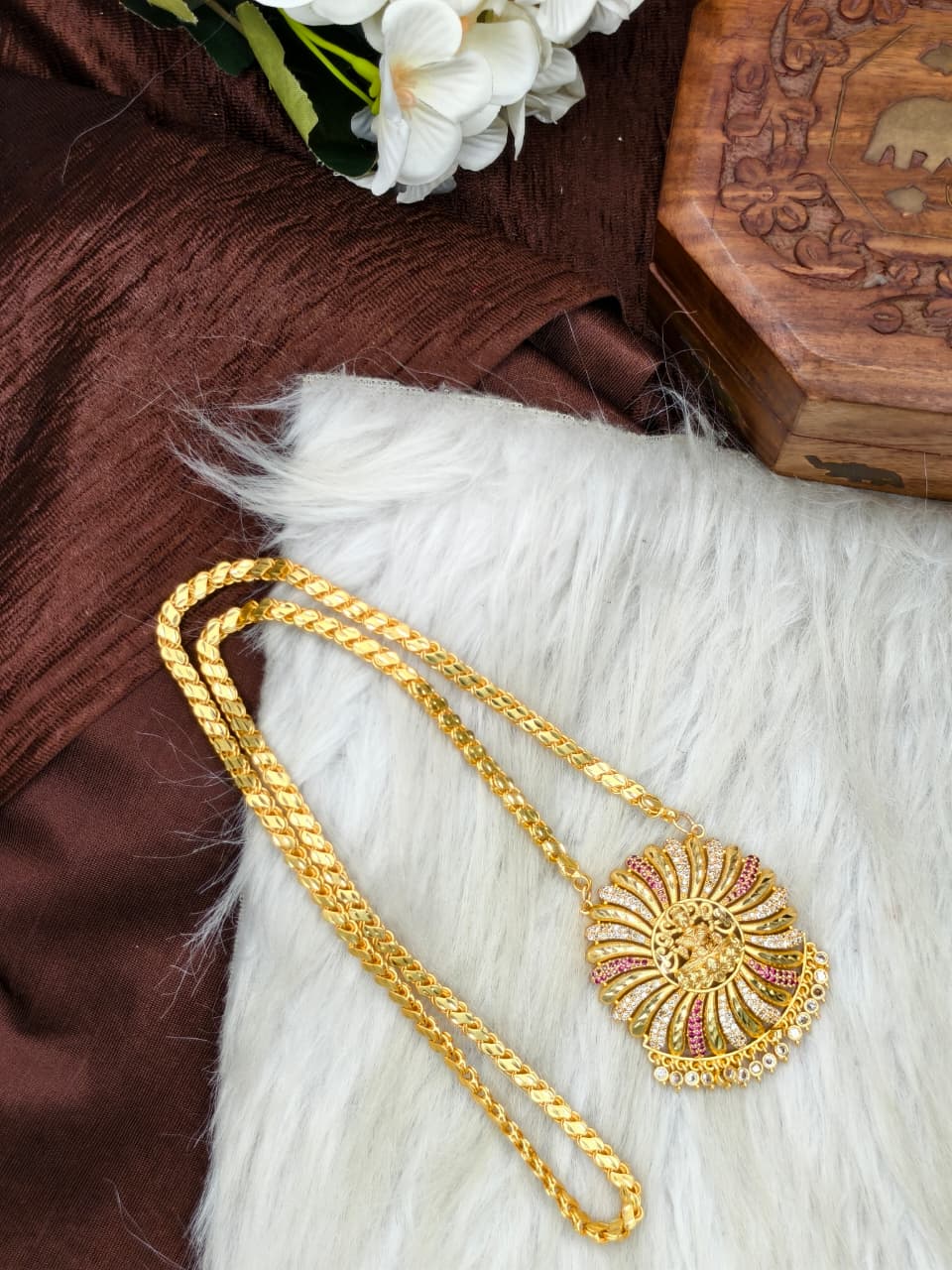 Women Impone Stone Dollar Chain with Gold Plated Finish